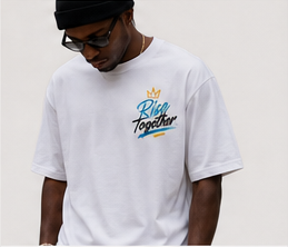 Model wearing the white Script Logo Tee