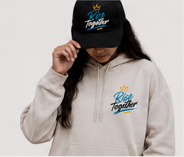 Model wearing the Script Logo Hoodie and cap
