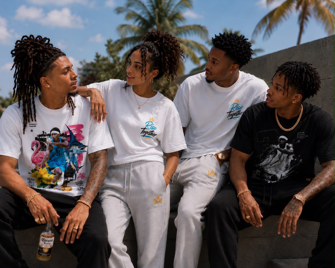 Friends wearing Rise Together clothing in The Bahamas