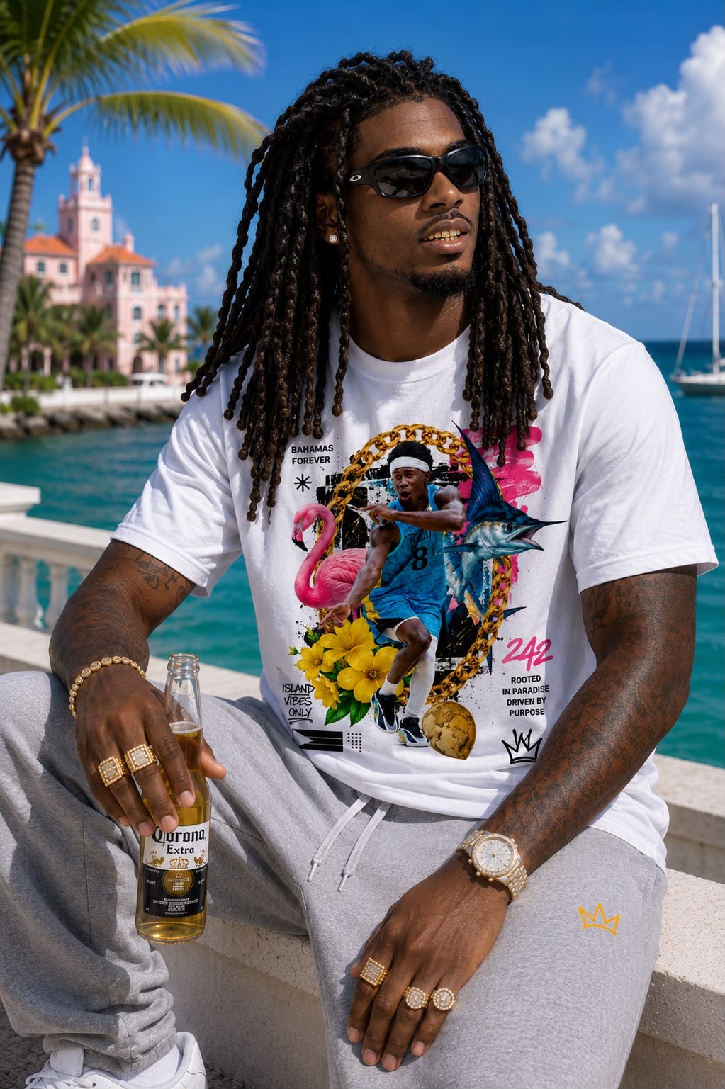 Man wearing the Rise Together Island Vibes shirt