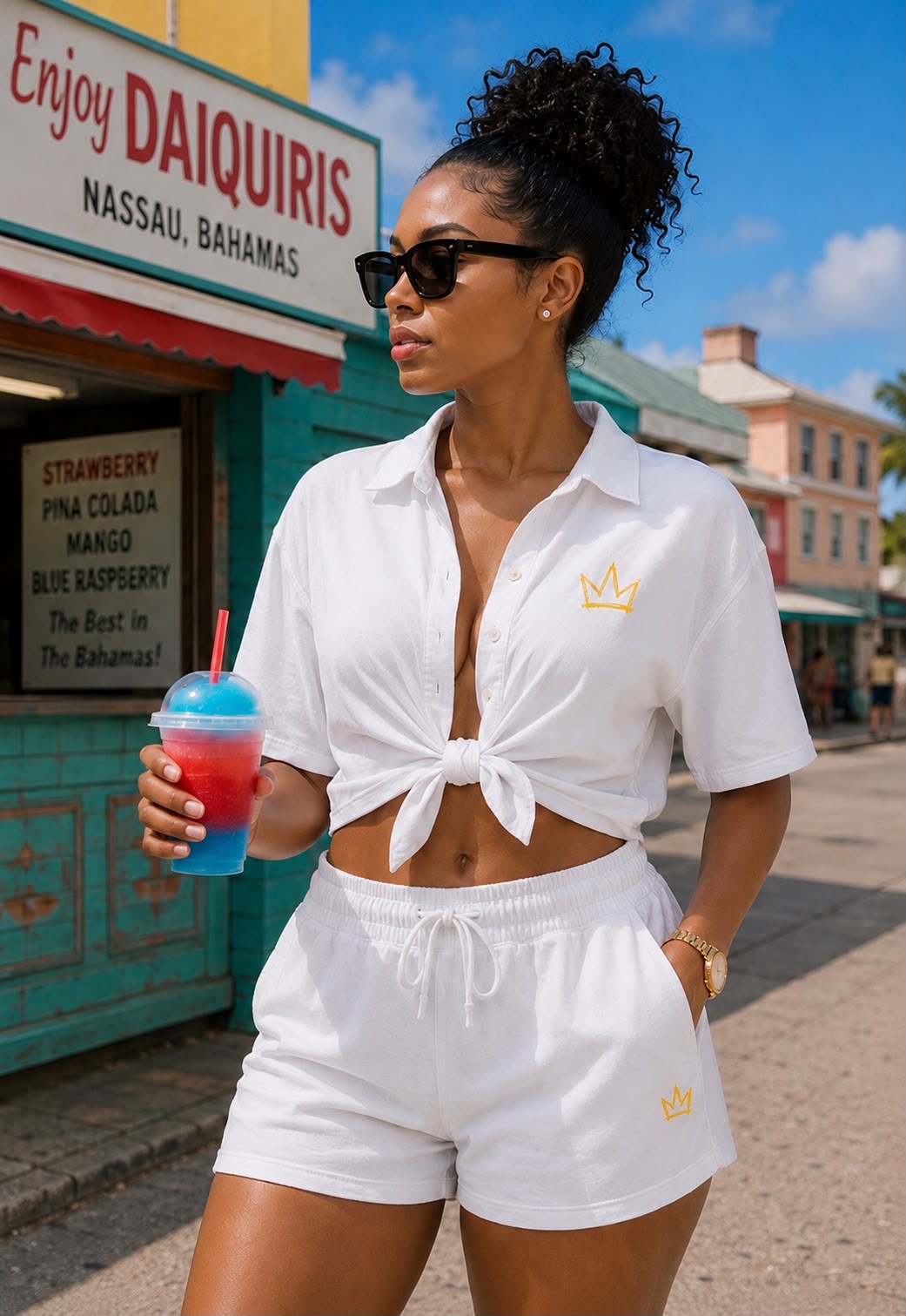 Woman wearing a white Rise Together set in Nassau