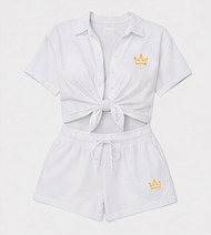 Crown terry shirt and short set in white